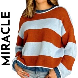 Miracle Womenโs M/L Relaxed Color Block Striped Y2K Cotton Blend Sweater NWT